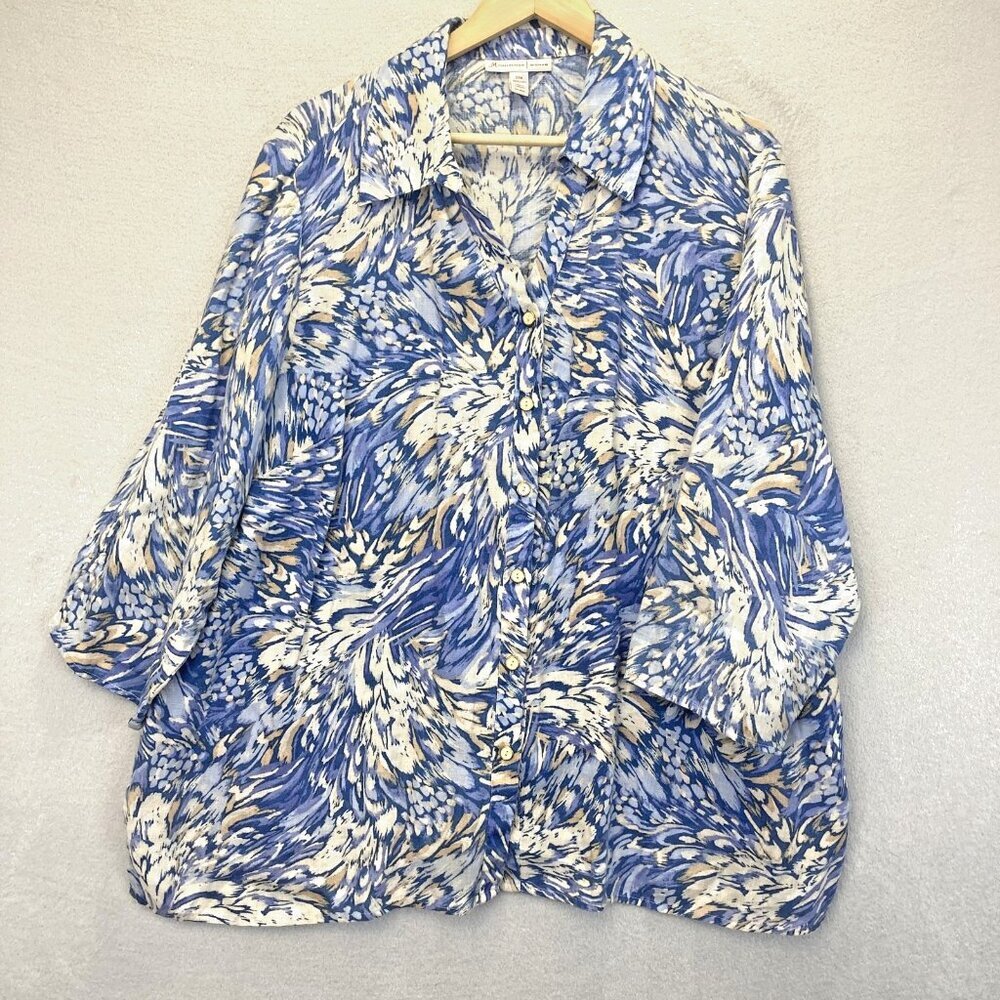 JM Collection Button Up 100% Linen Shirt Womens 22W 3/4 Sleeve Lightweight Top